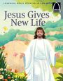"Jesus Gives New Life" steht in großen Buchstaben. Eine Illustration zeigt Jesus in weißem Gewand, umgeben von Natur.