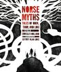 „NORSE MYTHS: TALES OF ODIN, THOR, AND LOKI“ steht zentral. Eine schwarze Silhouette von drei Figuren vor einem hellen Hintergrund.