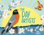 Der Text: "The Day Artists" und "Joan Waites". Illustration mit Vogel, Blumen und Schmetterling vor gelber Sonne.