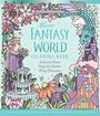 „More Fantasy World Coloring Book“ mit einem fantasievollen Rahmen aus Blumen, einer Prinzessin und einem Drachen.
