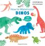 „How to Watercolor DINOS“, „AGES 5 AND UP“. Bunte, kindliche Dinosaurier-Illustrationen auf weißem Hintergrund.