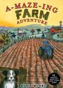 „A-Maze-Ing Farm Adventure“ oben. Illustration: Traktor auf Feld, Hund im Vordergrund, Scheune und Bäume im Hintergrund.