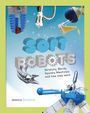 "Soft Robots" in blauen und grauen Buchstaben mit Zahnrädern. Untertitel beschreibt flexible Maschinen. Verschiedene Roboterarme.