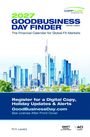 2027 GOODBUSINESS DAY FINDER, Register for a digital copy at GoodBusinessDay.com. Skyline moderner Gebäude im Hintergrund.