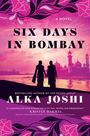 „Six Days in Bombay“, oben. Eine Silhouette von zwei Menschen vor einer farbenfrohen, rosa-violetten Skyline.