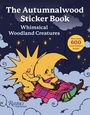 „The Autumnalwood Sticker Book“, „Whimsical Woodland Creatures“, „More than 600 Cozy Stickers Inside!“. Zwei lächelnde Mond- und Sonnengestalten sitzen auf einer Decke, umgeben von Wolken und Sternen.