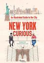 "New York Curious" in Großschrift. Illustration: Skyline, Freiheitsstatue, Brooklyn Bridge. Zwei Personen sitzen nebeneinander.