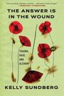 "The Answer Is in the Wound" und "Trauma, Rage, and Alchemy" auf grünem Hintergrund mit roten Mohnblumen.