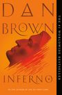 Text: "DAN BROWN INFERNO." Ein rotes Gesicht im Profil vor orangem Hintergrund. Schwungvolle rote Linien.