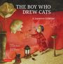 "The Boy Who Drew Cats. A Japanese Folktale." Kind in Rot malt große Katze, umgeben von japanischen Elementen.