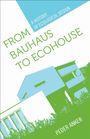 Text: "FROM BAUHAUS TO ECOHOUSE", "A HISTORY OF ECOLOGICAL DESIGN", "PEDER ANKER". Illustration: Modernes Haus in Blau und Grün.