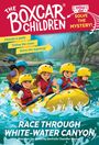 "Race Through White-Water Canyon." Kinder in einem Boot paddeln durch sprudelndes Wasser, umgeben von Bergen und Bäumen.