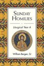 "Sunday Homilies, Liturgical Year A, William Bergen, SJ." Zentral ein Gemälde von Jesus in einem komplex gemusterten Rahmen.