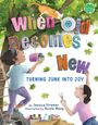 "When Old Becomes New: Turning Junk into Joy." Zwei Kinder und eine Katze im Baum, bunte Buchstaben, Blätter um sie herum.