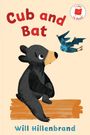 Titel: "Cub and Bat" von Will Hillenbrand. Illustration: Ein Bärenjunges sitzt auf einem Holzbalken und schaut eine fliegende Fledermaus an.