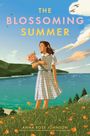 "The Blossoming Summer" und "Anna Rose Johnson" sind lesbar. Illustration: Frau in kariertem Kleid mit Blumenstrauß am Meer.