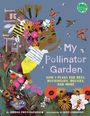 "My Pollinator Garden" zeigt lachendes Kind mit Blumenkranz und Insekten, umgeben von bunten Blumen.