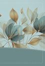 Keine Texte sichtbar. Eine Illustration zeigt elegante Blumen und Blätter in sanften Blau- und Brauntönen auf hellblauem Hintergrund.