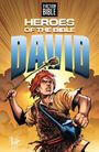 Text: "The Action Bible", "Heroes of the Bible", "David". Illustration: Junge mit einer Schleuder, dynamisch und entschlossen.