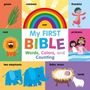 "My First Bible: Words, Colors, and Counting." Verschiedene bunte Illustrationen: Regenbogen, Löwe, Elefanten, Baby Jesus.