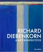 Text: „RICHARD DIEBENKORN A RETROSPECTIVE“. Illustration mit breiten vertikalen Farbstreifen in Blau- und Grüntönen.