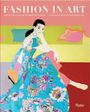 Titel: Fashion in Art. Eine Frau in einem blauen, blumigen Kleid sitzt auf einem Sofa.