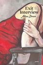 Text: "Exit Interview Alexa Doran poems". Illustration einer Person in rotem Kleid auf einem Stuhl.