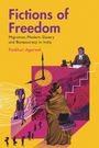 „Fictions of Freedom“, Thema Migration in Indien. Illustration: Menschen, eine Uhr, Treppe, lebendige Farben.