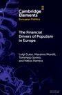 Text oben links: "Cambridge Elements European Politics". Titel: "The Financial Drivers of Populism in Europe". Autoren: Luigi Guiso, Massimo Morelli, Tommaso Sonno, Helios Herrera. Hintergrund: Abstrakte, rauchartige blaue Formen.