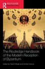 "The Routledge Handbook of the Modern Reception of Byzantium" steht in Weiß auf Schwarz. Illustration: Byzantinische Szenen mit zentralem Heiligem.