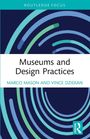 „Routledge Focus“ oben, „Museums and Design Practices“ zentral. Blau-grüne Kreise auf dunkelblauem Hintergrund.