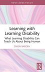 Text: "Routledge Focus. Learning with Learning Disability: What Learning Disability Can Teach Us About Being Human. Owen Barden." Pastellfarbenes Hintergrundmuster.