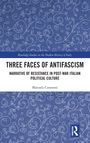 "Three Faces of Antifascism" von Manuela Consonni. Blauer Hintergrund mit weißen, floralen Mustern. Routledge-Logo.