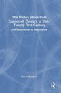Buchtitel: "The United States from Eighteenth Century to Early Twenty-First Century: Anti-Imperialism to Imperialism" von Meena Bhargava. Blauer Hintergrund mit abstrakten weißen Linien.