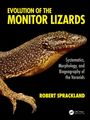 "Evolution of the Monitor Lizards" in Gelb, darunter ein Waran im Profil auf schwarzem Hintergrund.