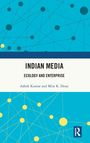 "INDIAN MEDIA: ECOLOGY AND ENTERPRISE." Autoren: Ashok Kumar und Mira K. Desai. Bunte Vernetzungen auf blauem Hintergrund.