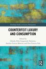 Text: "Counterfeit Luxury and Consumption. Edited by Cláudio Félix Canguende-Valentim, António Carrizo Moreira, Vera Teixeira Vale." Routledge-Logo unten rechts. Hintergrund in Blau- und Gelbtönen.