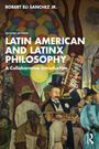 Der Text "Latin American and Latinx Philosophy" steht vor einem Gemälde mit Menschen und bunten Luftballons.