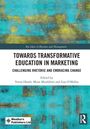 „Towards Transformative Education in Marketing“ steht zentral. Abstraktes Gemälde in Türkis und Gelb als Hintergrund.