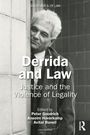 "Derrida and Law: Justice and the Violence of Legality" steht in Weiß auf Schwarz. Gesicht schaut um Ecke.