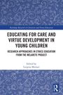 Logo unten rechts. Oben Schrift: "EDUCATING FOR CARE AND VIRTUE DEVELOPMENT IN YOUNG CHILDREN." Blumendekor, blauer Hintergrund.