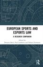 "European Sports and Esports Law: A Research Companion", herausgegeben von Dwayne Bach, Paul Lambertz, Fabian Ziermann. Blaues technisches Muster im Hintergrund.