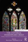 Text: "THE UNIVERSAL SHAKESPEARE CREED". Cover mit buntem Kirchenfenster. Namen der Editoren unten.