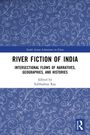 "River Fiction of India" oben auf Blau, darunter ein florales Muster auf einem blauen Hintergrund. Rechteckiges Verlagslogo.