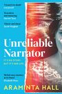 Buchtitel "Unreliable Narrator", Zitate von Autoren, Name: Araminta Hall. Blaues, orangenes Design, Frauenporträt.