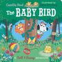 Text: "The Baby Bird", "A Nell & Beany Adventure". Illustration: Bunte Tiere und Pflanzen mit spielenden Jungen und Tieren im Wald.