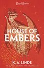 "Royal Houses. House of Embers. K.A. Linde." Ein Drache über einem Schloss, umgeben von gelben Funken.
