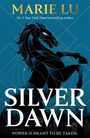 Texte: "MARIE LU", "SILVER DAWN", "Power is meant to be taken." Illustration: Geometrisch gestaltetes Pferd auf blauem Hintergrund.