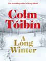 Text: Colm Tóibín, A Long Winter. Im Hintergrund eine verschneite Landschaft mit Bäumen und Bergen.