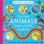 "My First Animals: Touch-and-Feel Playbook." Eine bunte Kinderbuchillustration mit Tieren und Texturen.